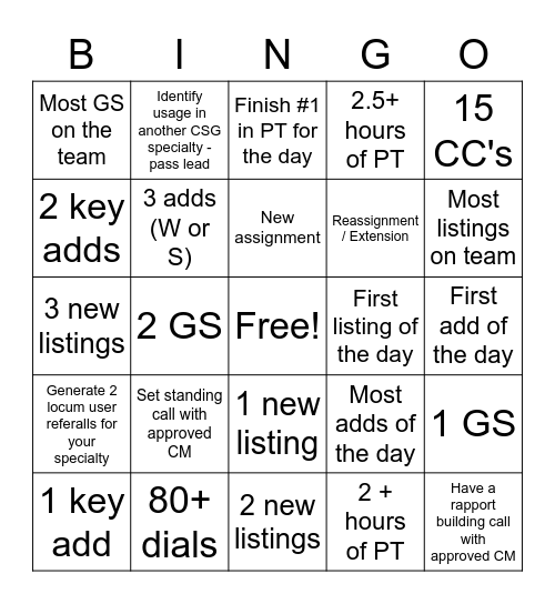 CSG Bingo Card