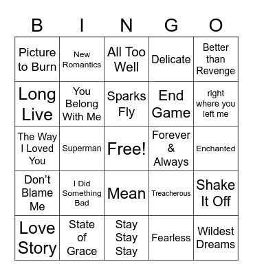 Taylor Swift Song Bingo Card