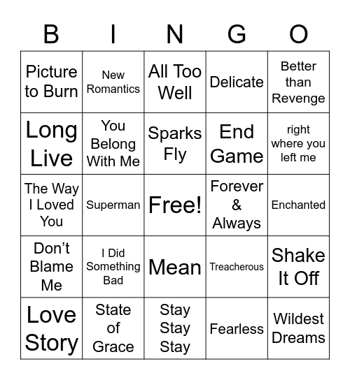 Taylor Swift Song Bingo Card