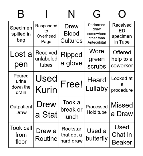 Phlebotomist Bingo Card