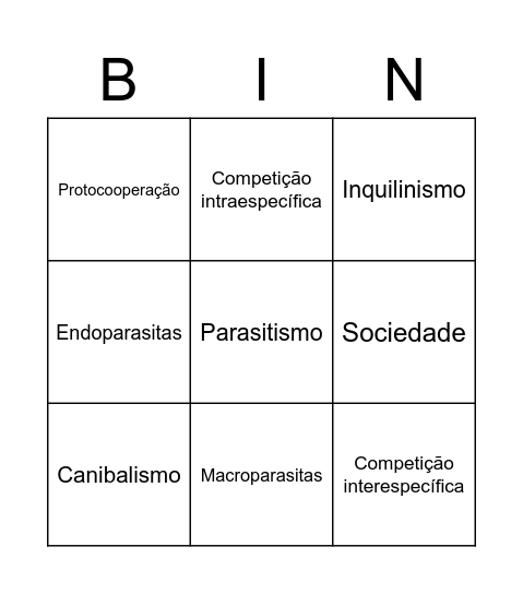 Relações ecológicas Bingo Card