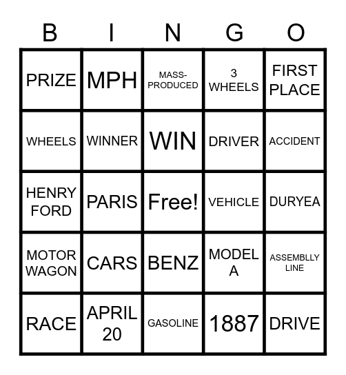 CAR RACE Bingo Card