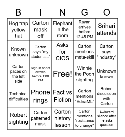 April 20th, CS 6365 Lecture Bingo Card