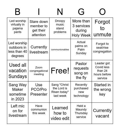 CRC Worship 2 Bingo Card