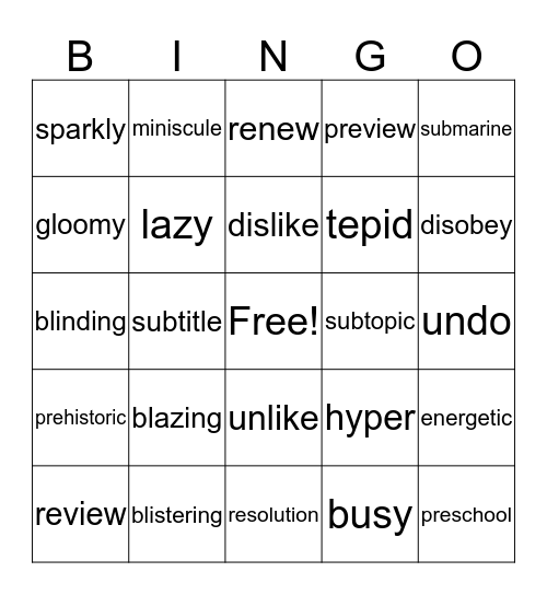 Vocabulary Review  Bingo Card