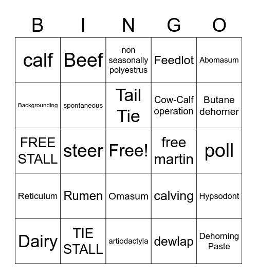 COW Bingo Card