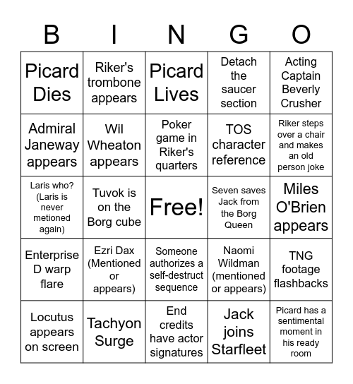 Star Trek Picard Series Finale Bingo Card