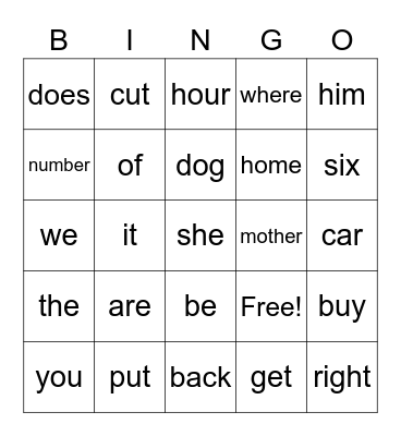 Spelling Words Bingo Card