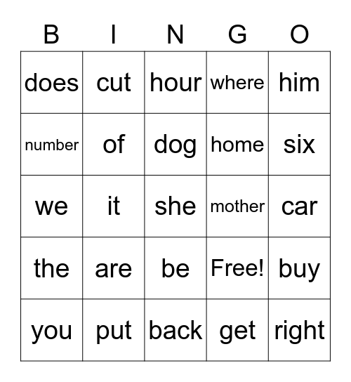 Spelling Words Bingo Card