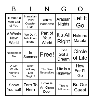 Disney Song Bingo!!! Bingo Card