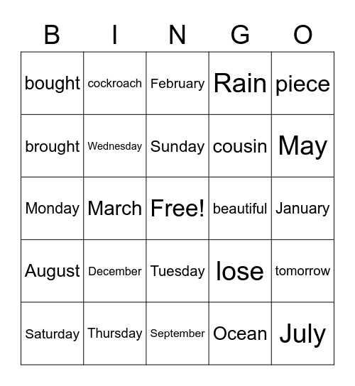 Trick Words! Bingo Card