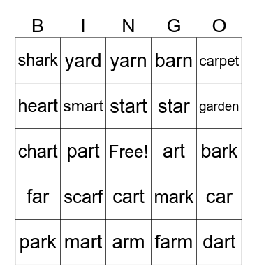Bossy R - 'ar' BINGO Card