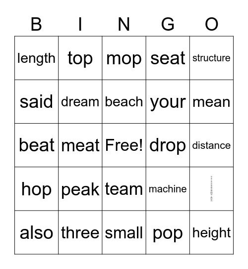 Grade 1 & 2 Bingo Card