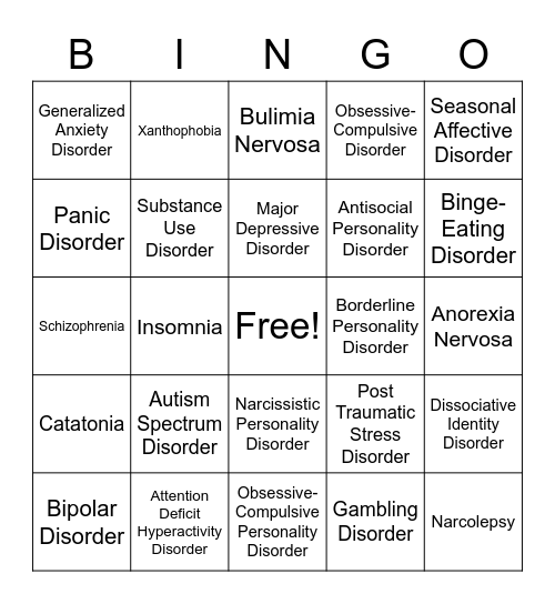 Psychiatric Disease Bingo! Bingo Card