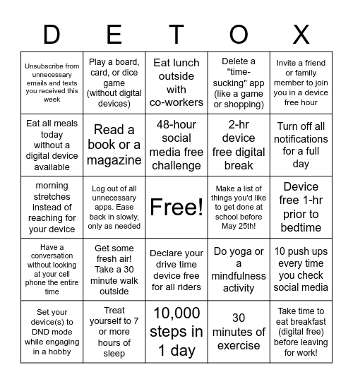 Digital Detox Bingo Card