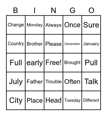 Trick Words! Bingo Card