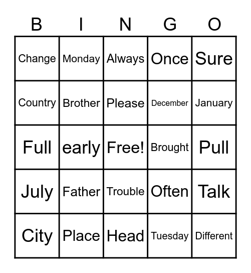 Trick Words! Bingo Card