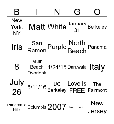 Iris's Bridal Shower Bingo Card