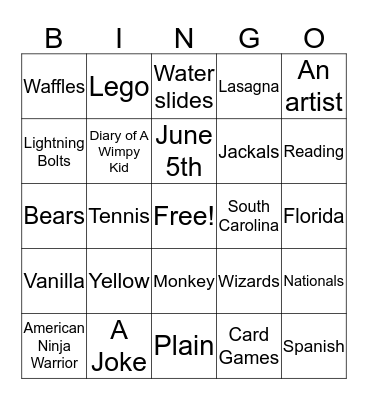 Tanner's VIP Day  Bingo Card