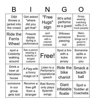 Coachella 2023 Bingo Card