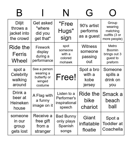 Coachella 2023 Bingo Card