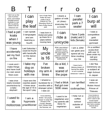 BT x frog Bingo Card