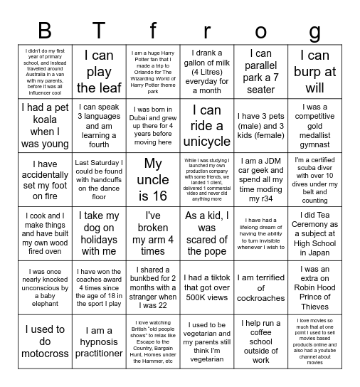 BT x frog Bingo Card