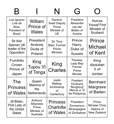 Coronation of Charles III Dignitary Bingo Card