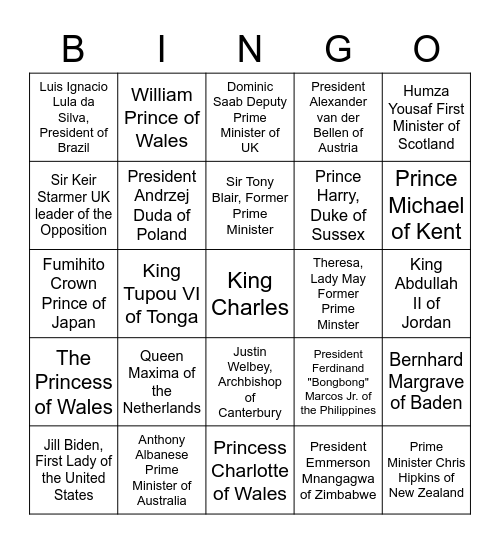 Coronation of Charles III Dignitary Bingo Card