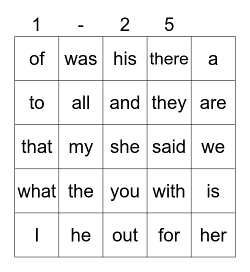 Sight Words 1-25 Bingo Card