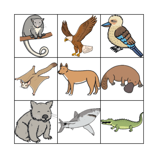 Australian Animal Bingo Card