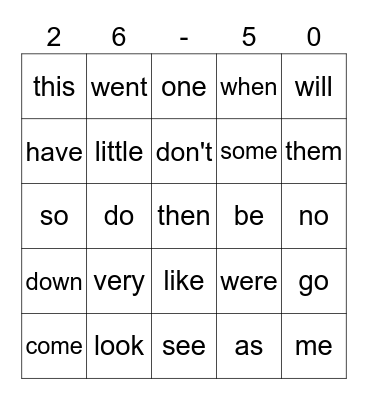 Sight words 21-55 Bingo Card