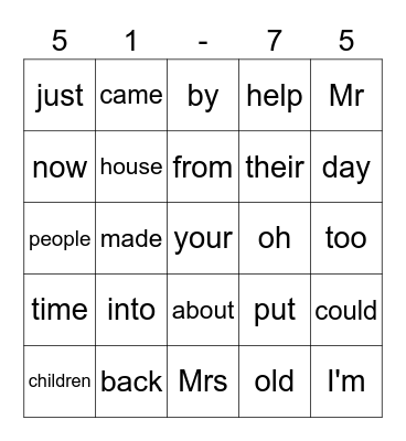 sight words Bingo Card