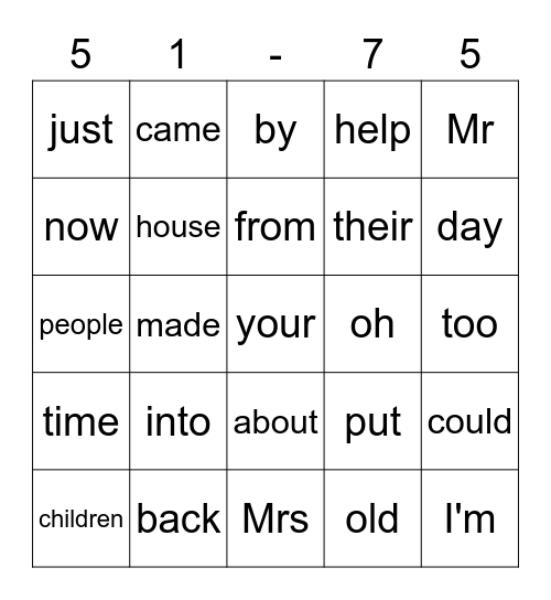 sight words Bingo Card