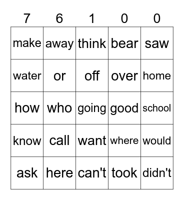 Sight Words Bingo Card