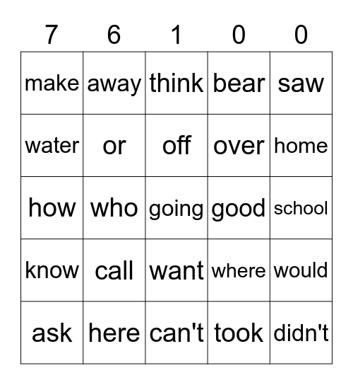 Sight Words Bingo Card