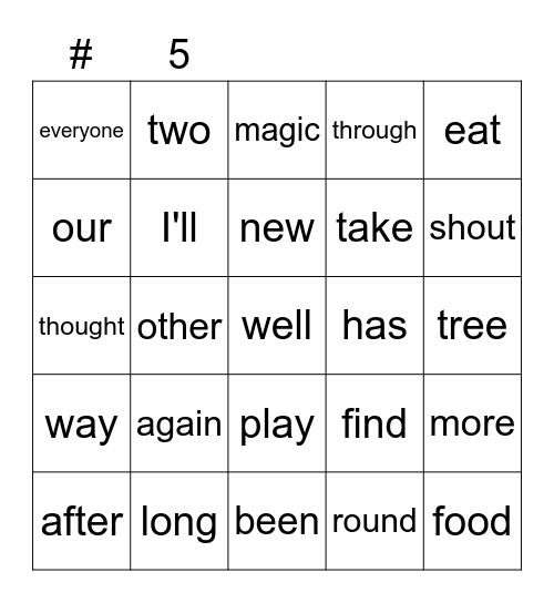 Sight Words Bingo Card