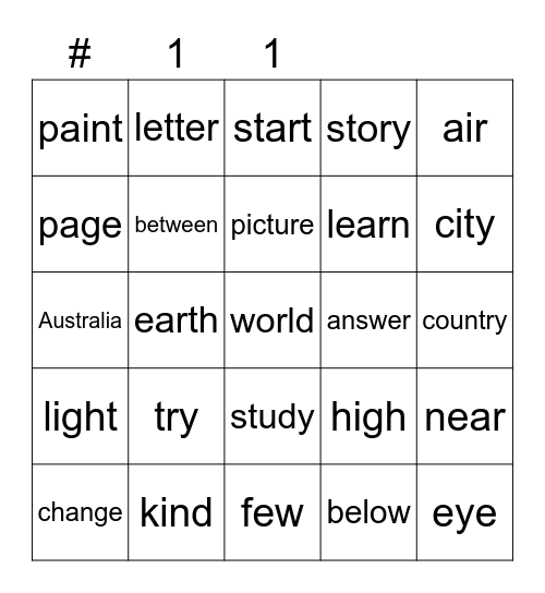 Sight Words Bingo Card