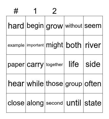 Sight Words Bingo Card
