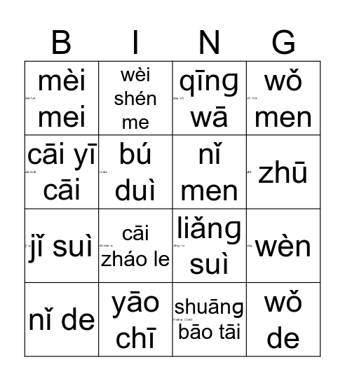 TWINS (Pinyin) Bingo Card