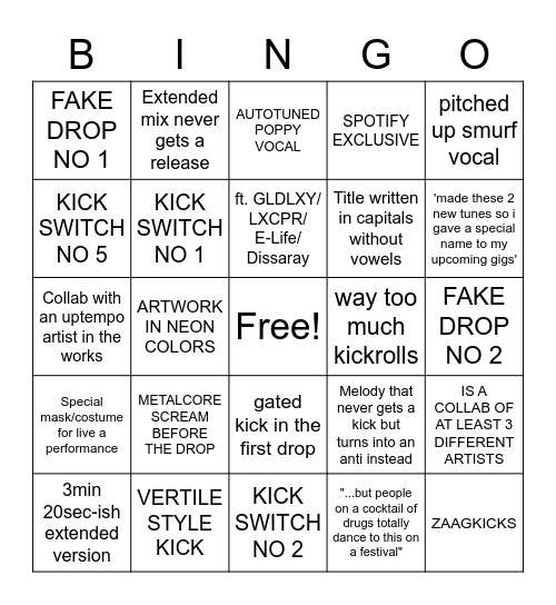 2023 Hardstyle track bingo Card