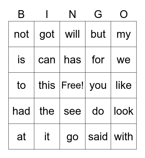 Snap Word Bingo Card