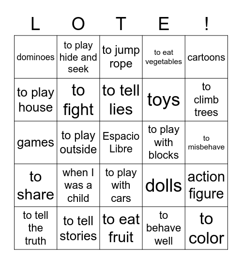 La niñez - En inglés Bingo Card