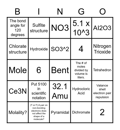 CHIII Chemistry Bingo Card