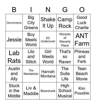 Disney Channel Favorites Bingo Card