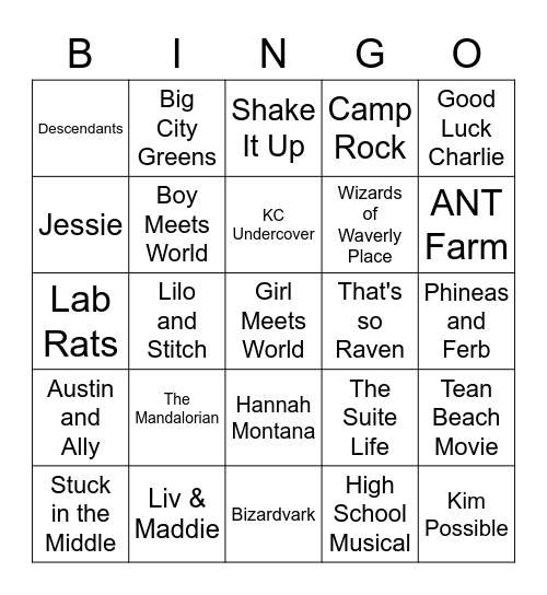 Disney Channel Favorites Bingo Card