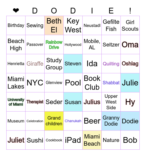 Dodie's Birthday Celebration Bingo Card