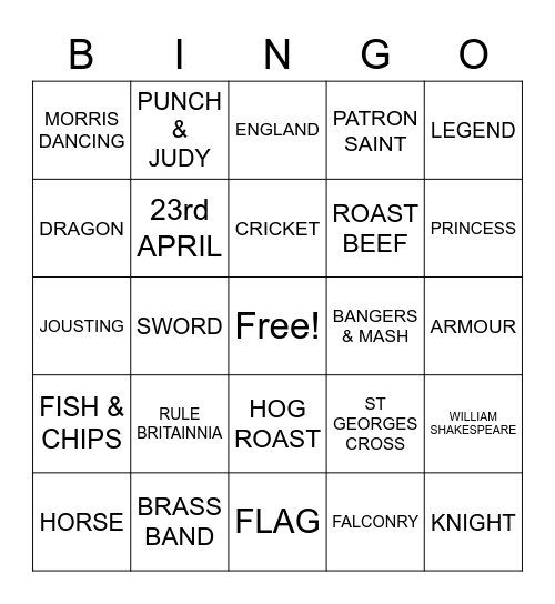 St Georges Day Bingo Card