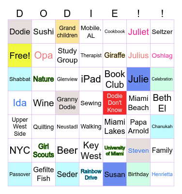 Dodie's Birthday Celebration Bingo Card