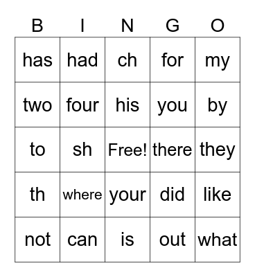 Heart Words Bingo Card